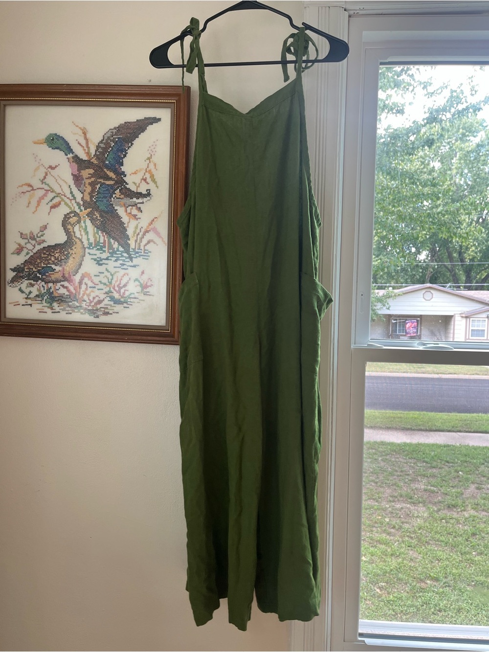 easel Olive Green Tie-Shoulder Linen   Wide leg romper/jumpsuit